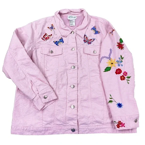 Vintage Quacker Factory Jacket Women Large Pink Embroidered Flower Linen Boho - Picture 1 of 16